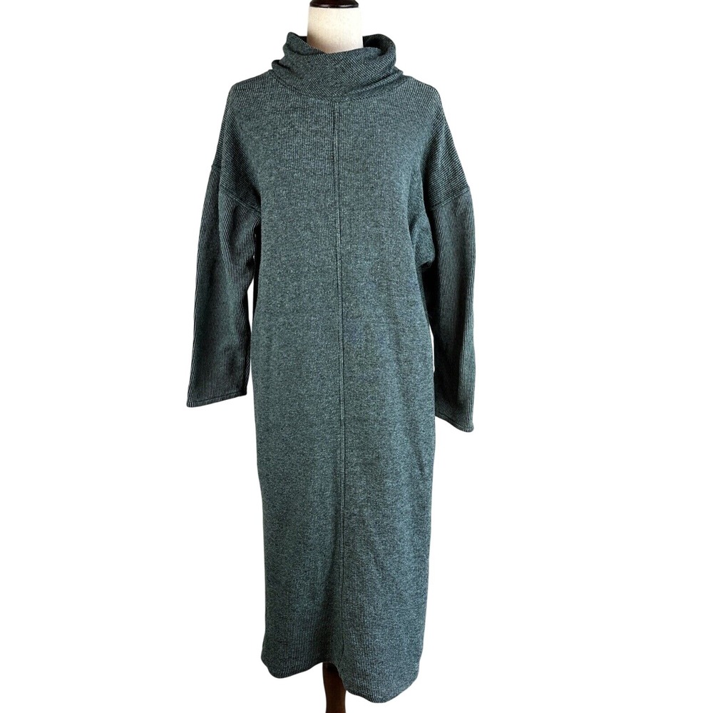 Akimbo Sustainable Midi Mock Sweater Dress Size L Green Cotton Minimal Lagenlook